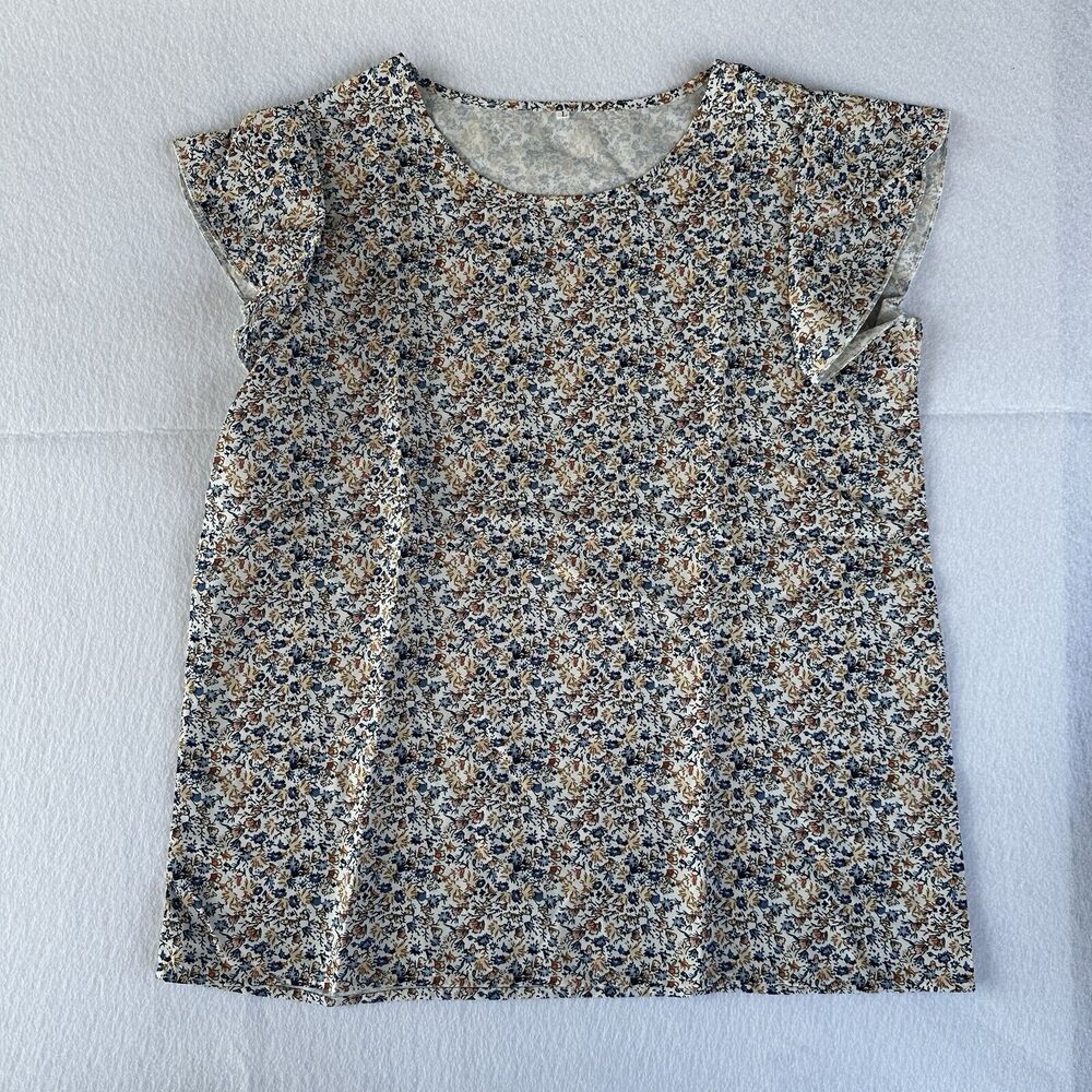 Shein Floral Size Large Cap Sleeve Blouse Orange Blue Flowers Simple